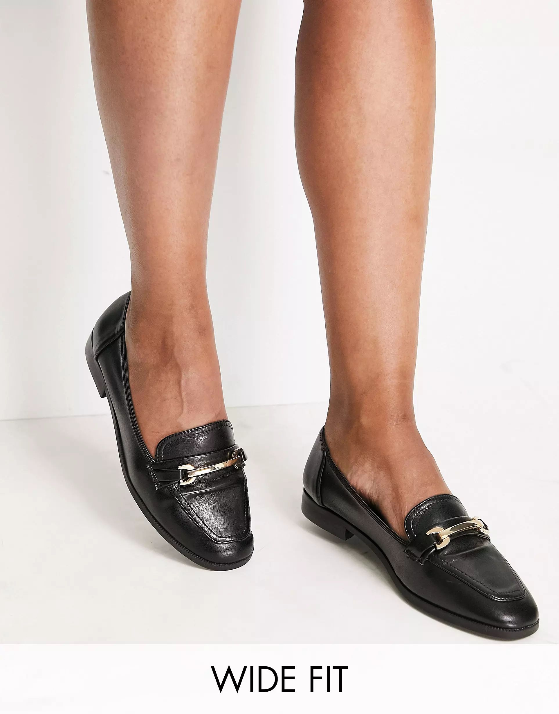 ASOS DESIGN Wide Fit Verity loafer flat shoes with trim in black | ASOS | ASOS (Global)