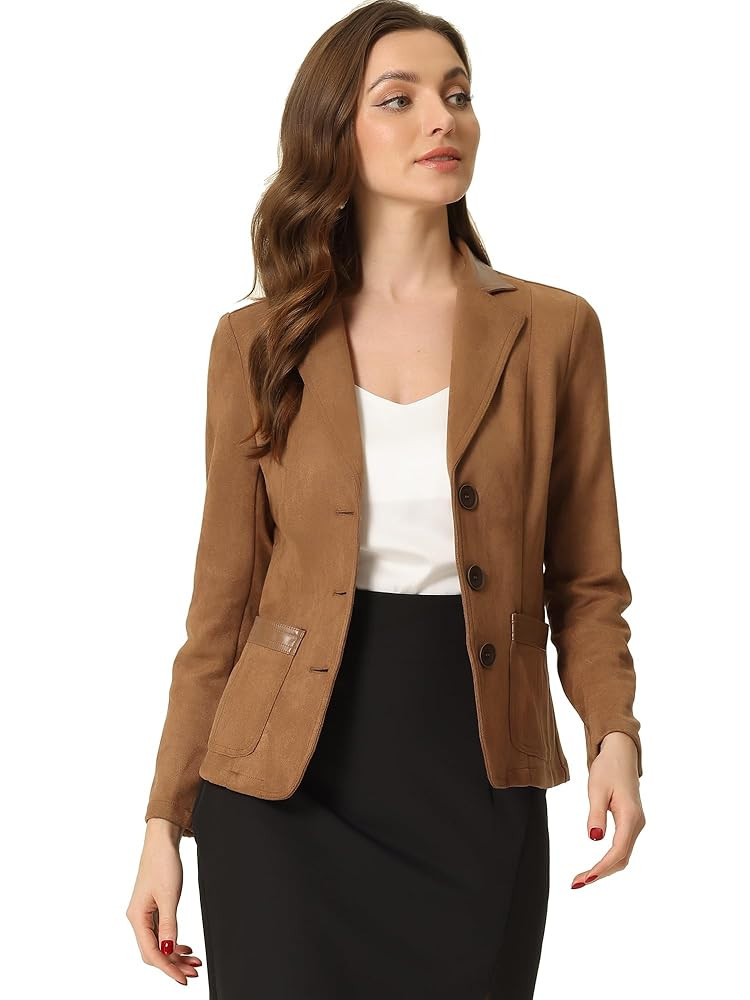 Allegra K Faux Suede Blazer for Women Lapel Collar Button Front Long Sleeve Jacket Casual Office ... | Amazon (US)