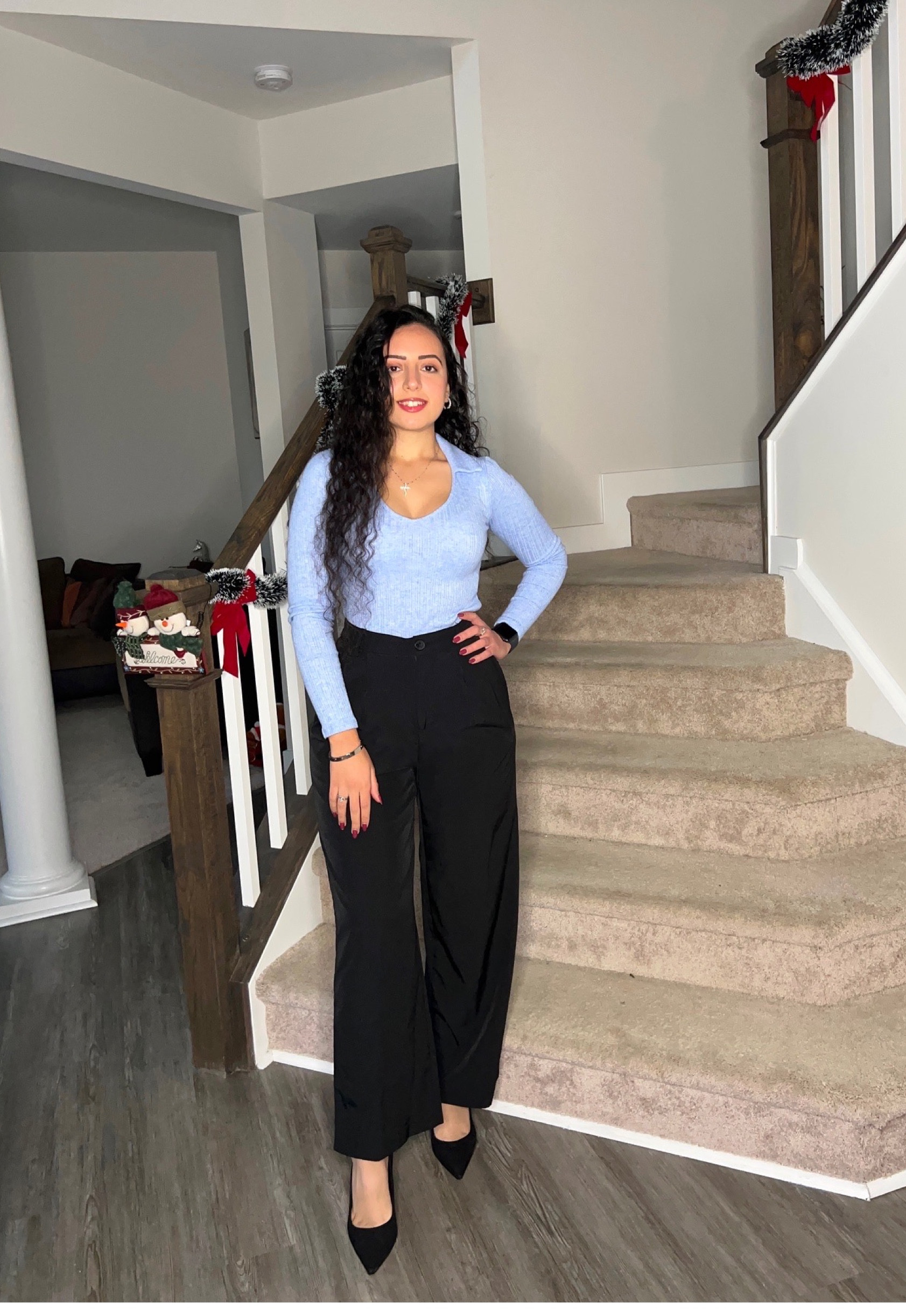 Blue top on black pants 🦋
.
Follow @its.sandyibrahim for more outfits 🦋
.
Heels: @hm 
Top: @hollister 
Pants: @sheinofficial @shein_us

#LTKStyleTip #LTKBeauty #LTKWorkwear