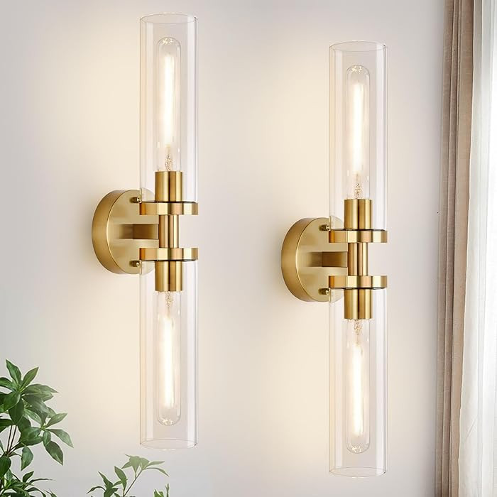 Wall Sconces Set of Two, Hardwired Brushed Gold Bathroom Sconces Wall Lighting with Clear Glass, ... | Amazon (US)