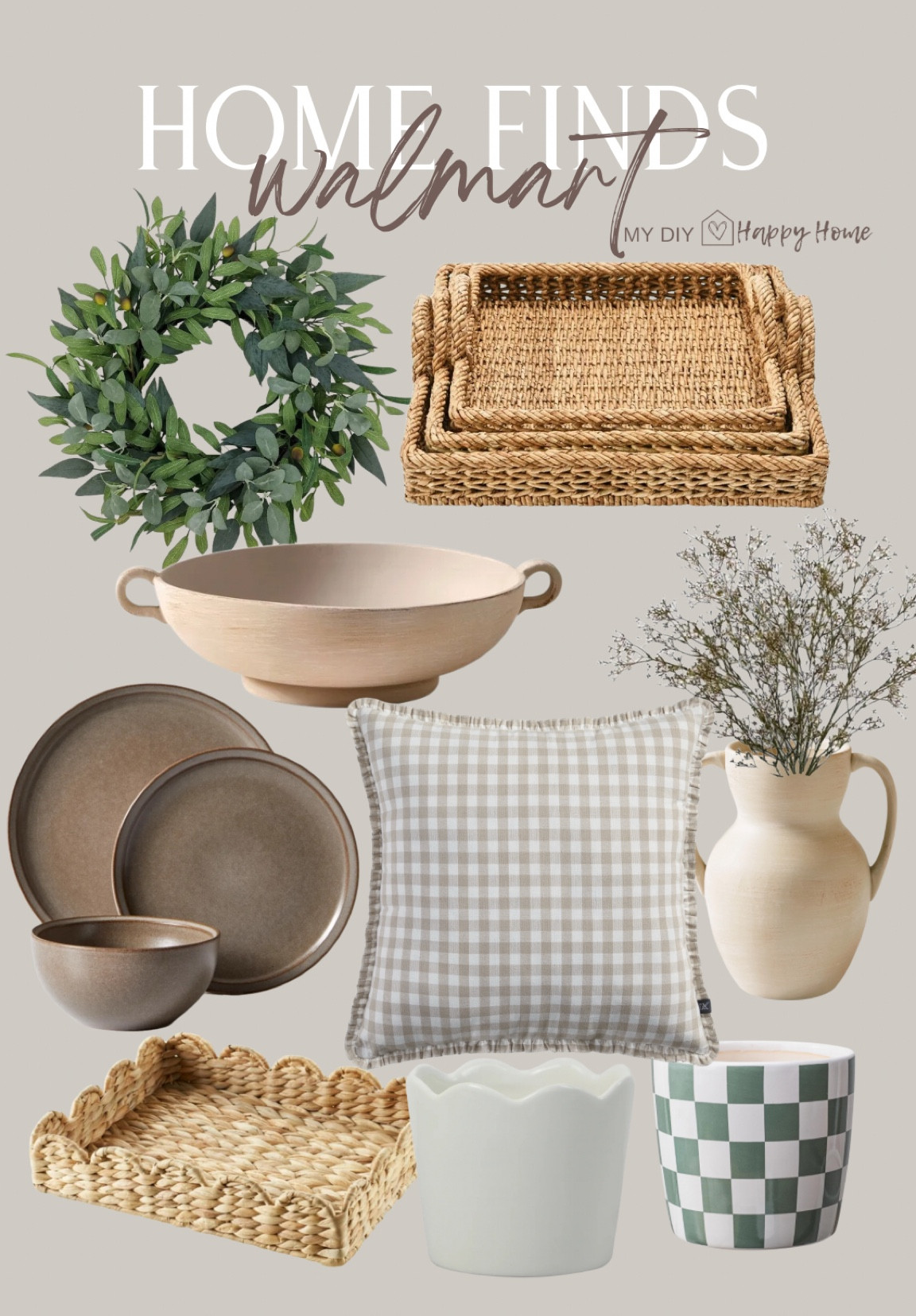 Walmart home finds 

Olive mix wreath
Woven baskets 
Decorative bowl
Dinnerware 
Gingham (reversible)pillow 
Vase 
Greenery 
Scallop tray 
Scallop planter 
Checker planter 

#LTKFindsUnder50 #LTKSeasonal #LTKHome