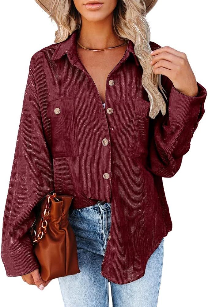 Beyove Women's Corduroy Shirt Long Sleeve Button Down Shacket Jacket Casual Oversized top with Po... | Amazon (US)