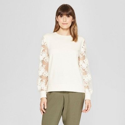 Women's Long Sleeve Embroidered Pullover - A New Day™ Cream M | Target