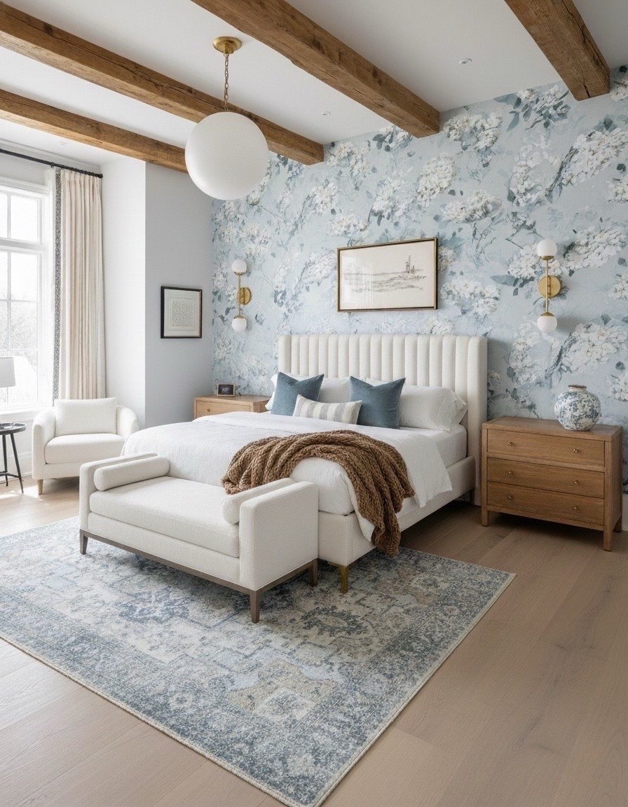 Bedroom Refresh : Shop The Look.
A soft serene retreat that blends modern charm with timeless romance. This bedroom features a tufted, upholstered bed, framed in cream ivory paired with matching end of bed bench for tailored cohesive look. A floral statement wallpaper in powder blue and white brings gentle movement and touch of nostalgia, complemented by warm oak nightstands to add natural texture and balance. Exposed ceiling beams and pendant light create architectural interest while brass wall sconces add a golden glow on each side of the bed. The vintage inspired area rug, anchors the palette and layers of blue and taupe. Working together with the accent chair, velvet, throw pillows and chunky knit blanket to soften the space with cozy dimension.

#LTKHome #LTKSaleAlert