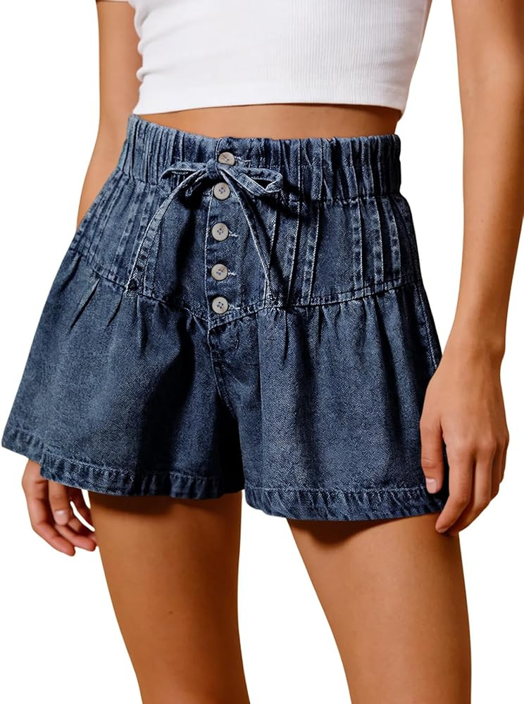 Tankaneo Womens Summer Flowy Jean Shorts Casual Drawstring Elastic Waist Buttons Pleated Baggy De... | Amazon (US)
