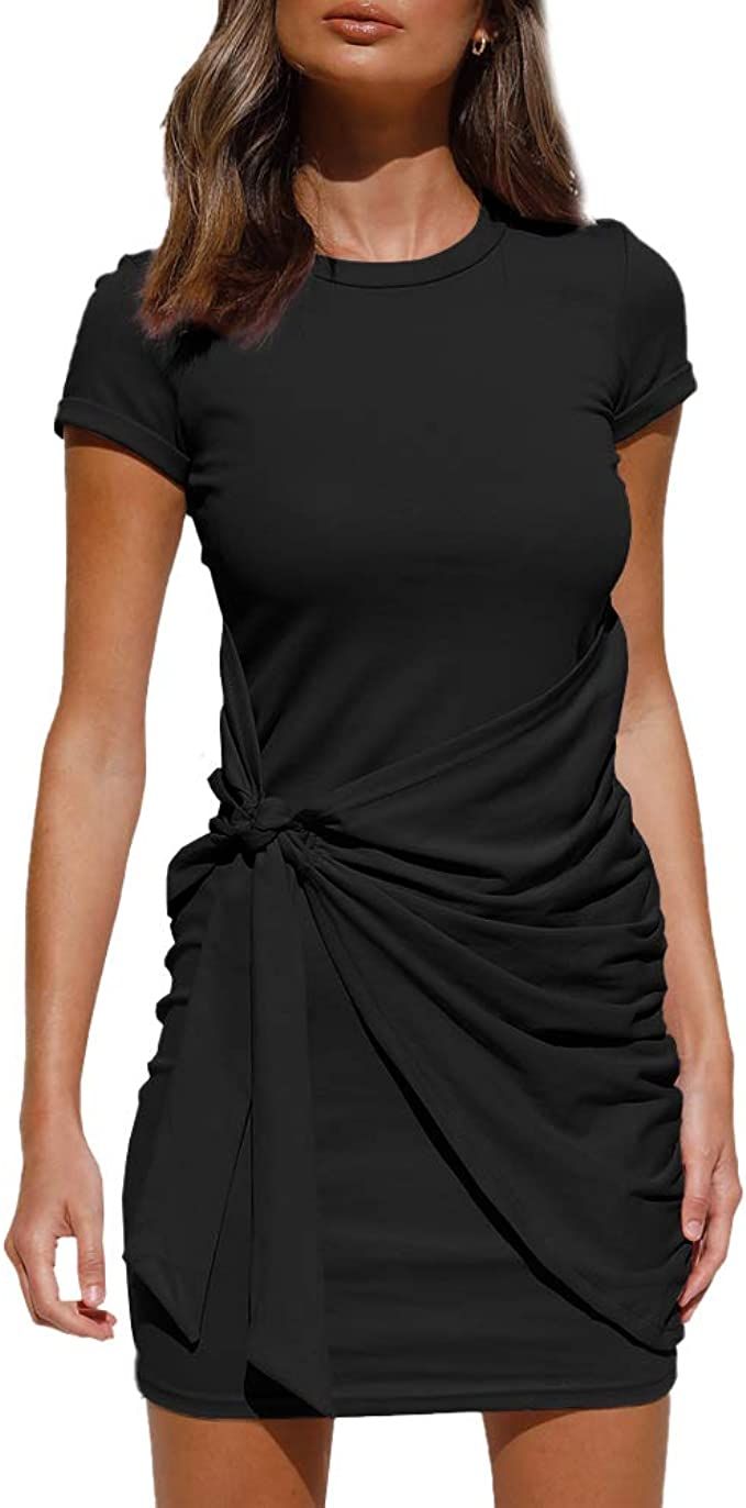 LILLUSORY Women's Casual Short Sleeve Wrap Bodycon Ruched Tie Waist Summer Dress | Amazon (US)