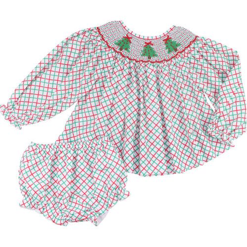Red And Green Smocked Christmas Tree Diaper Set | Cecil and Lou