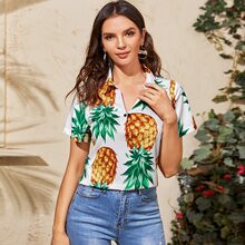 Frog Button Front Pineapple Blouse | SHEIN