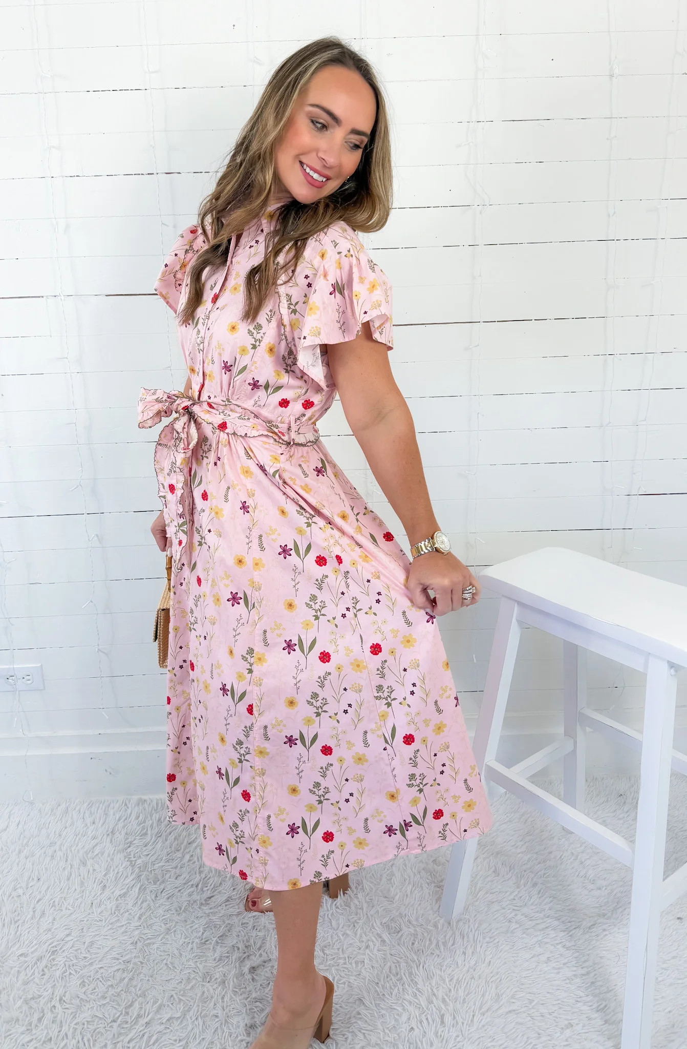 Tate Baby Pink Spring Floral Mix Midi Dress GIGIO | Clover and Bee | Clover + Bee