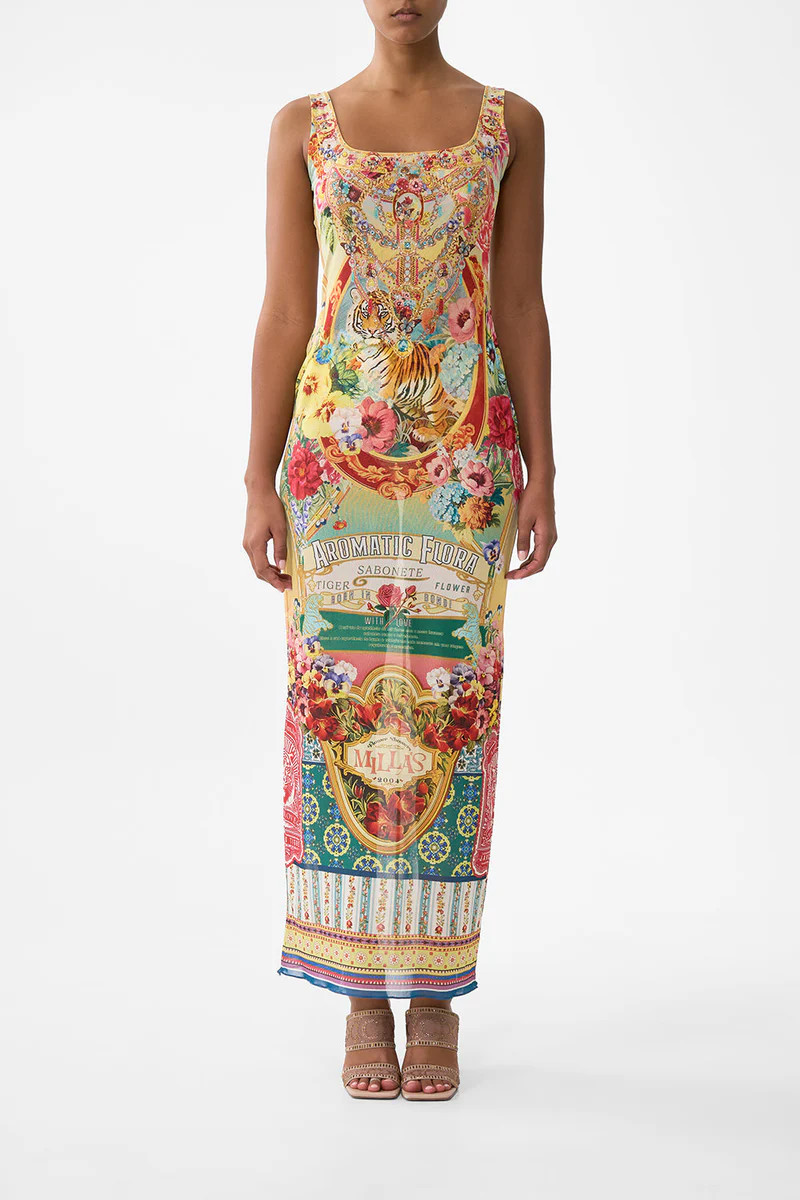 SQUARE NECK BEACH MAXI DRESS WITH LOW BACK AROMATIC TIGER FLOWER | Camilla US