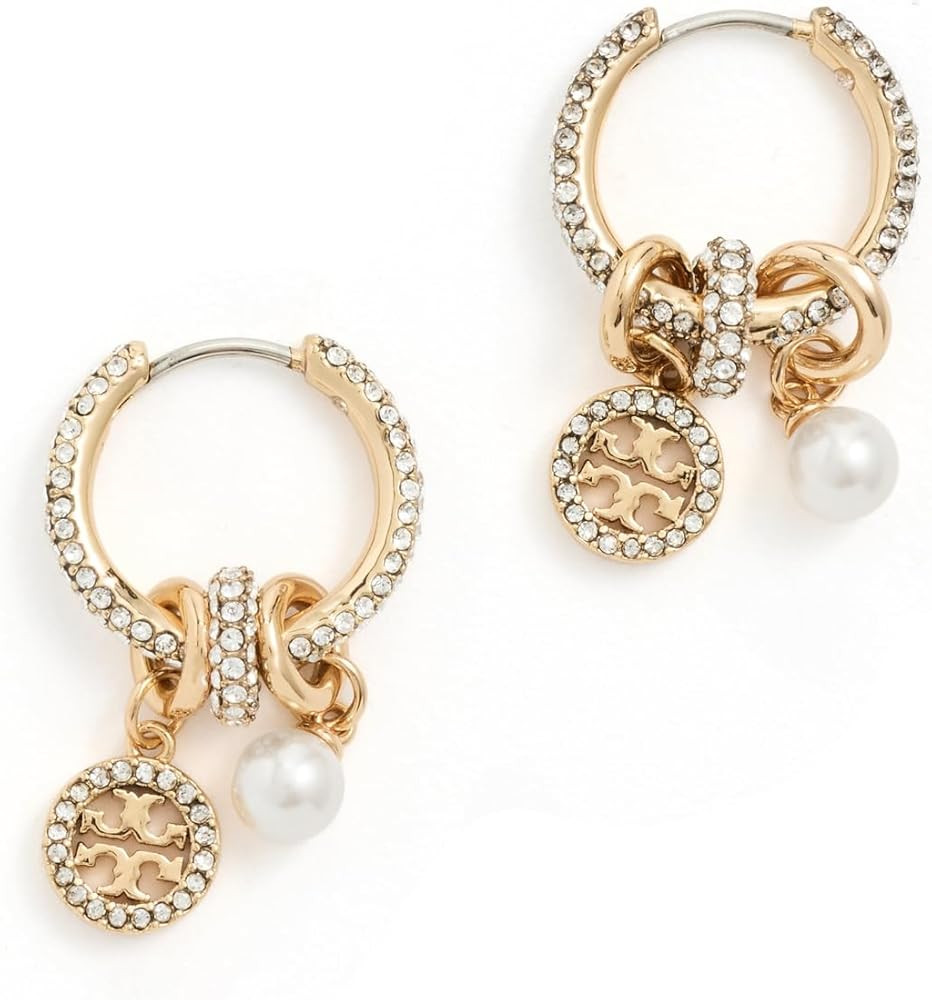 Amazon.com: Tory Burch Women's Miller Pave Charm Hoop Earrings, Tory Gold/Crystal/Pearl, One Size... | Amazon (US)