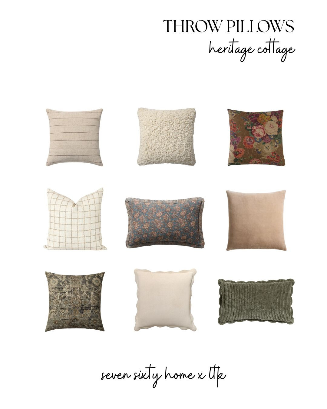 This collection focuses on classic cottage throw pillows with vintage inspired patterns, soft neutrals, muted florals, earthy greens, and warm taupe tones. You’ll find a balanced mix of floral throw pillows, striped pillows, plaid pillows, textured boucle pillows, and solid neutral accent pillows designed to layer easily on sofas, beds, and reading chairs.

These heritage cottage pillows work beautifully in traditional living rooms, cottage style bedrooms, English cottage interiors, and cozy neutral spaces that rely on pattern mixing rather than bold color. Ideal for anyone searching for classic throw pillows, cottage throw pillow styling, neutral pillow combinations, or timeless accent pillows that feel collected rather than trendy.

Designed to pair seamlessly with antique wood furniture, vintage style rugs, linen upholstery, and layered textiles in heritage cottage and traditional homes. 

 #LTKHome