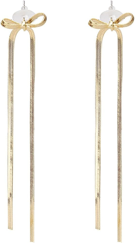 Gold Silver Bow Earrings for Women Bow Drop Dangle Earrings Long Tassel Snake Chain Earrings Ribb... | Amazon (US)
