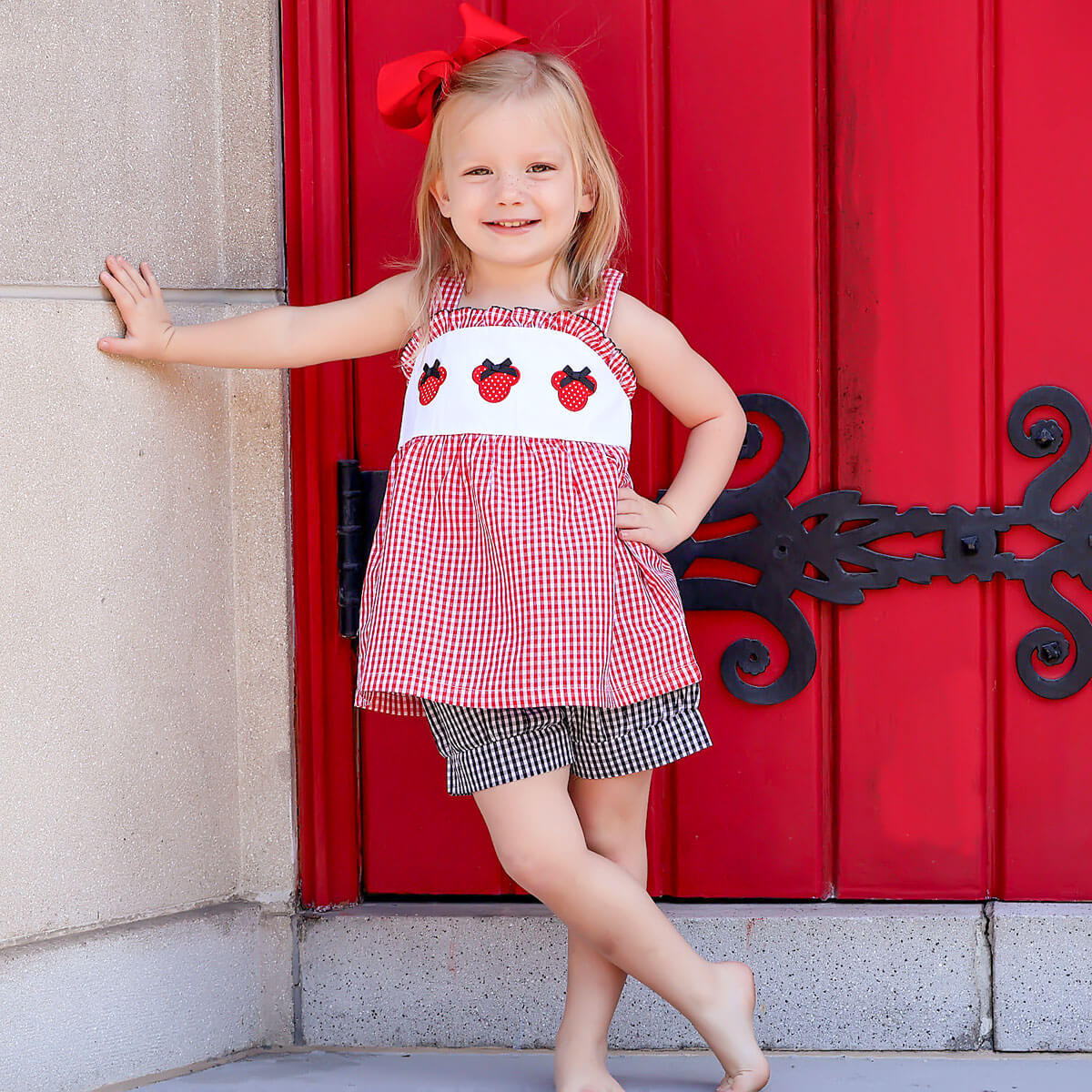 Mouse Ears Applique Red Gingham Ruffle Short Set | Classic Whimsy