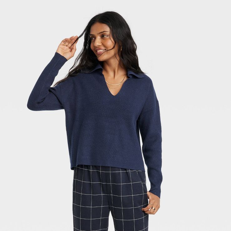 Women&#39;s Collared Polo Ribbed Pullover Sweater - A New Day&#8482; Navy Blue XS | Target