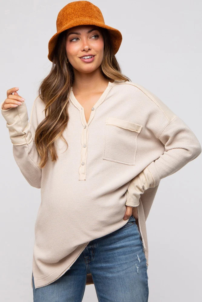 Beige Colorblock Waffle Knit Henley Maternity Top | PinkBlush Maternity
