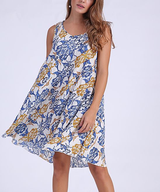 Highness NYC Women's Casual Dresses WHITE - Blue Scroll Shift Dress - Plus | Zulily