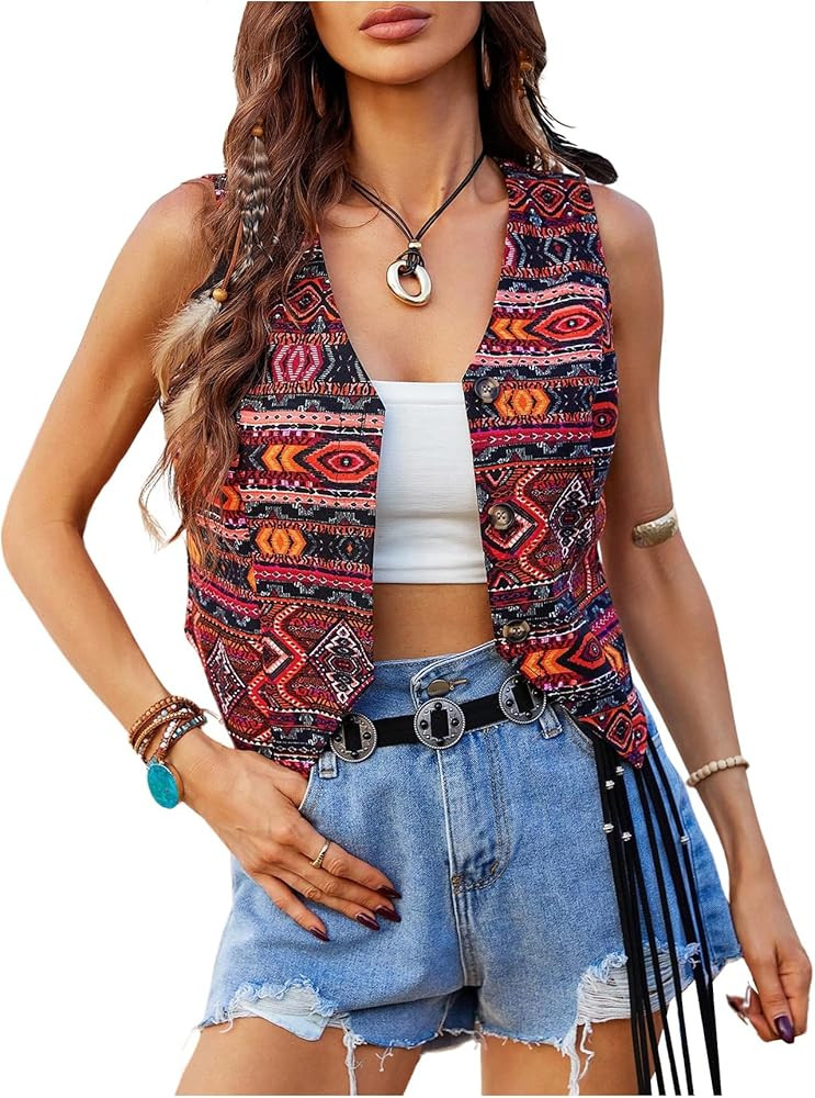 GORGLITTER Women's Embroidered Vest Vintage Sleeveless Open Front Cropped Cardigan Outerwear | Amazon (US)