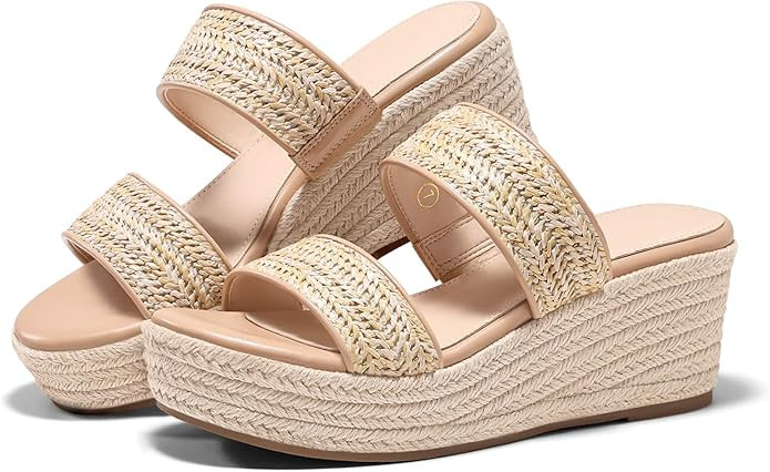 Womens Platform Wedge Sandals Espadrille Raffia Heeled Slides Open Toe Two Band Beach Vacation Sh... | Amazon (US)