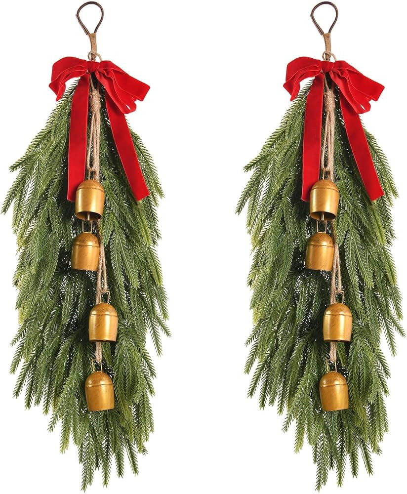 28" Artificial Christmas Teardrop Swag 2 Pack, Faux Norfolk Pine Christmas Wreath Swags with Velv... | Amazon (US)