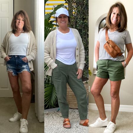 Spring mix and match collection. Casual jean shorts, cotton green shorts, linen blend cargo pants, cotton cardigan, white T-shirt and sneakers

#LTKunder50 #LTKSeasonal #LTKstyletip