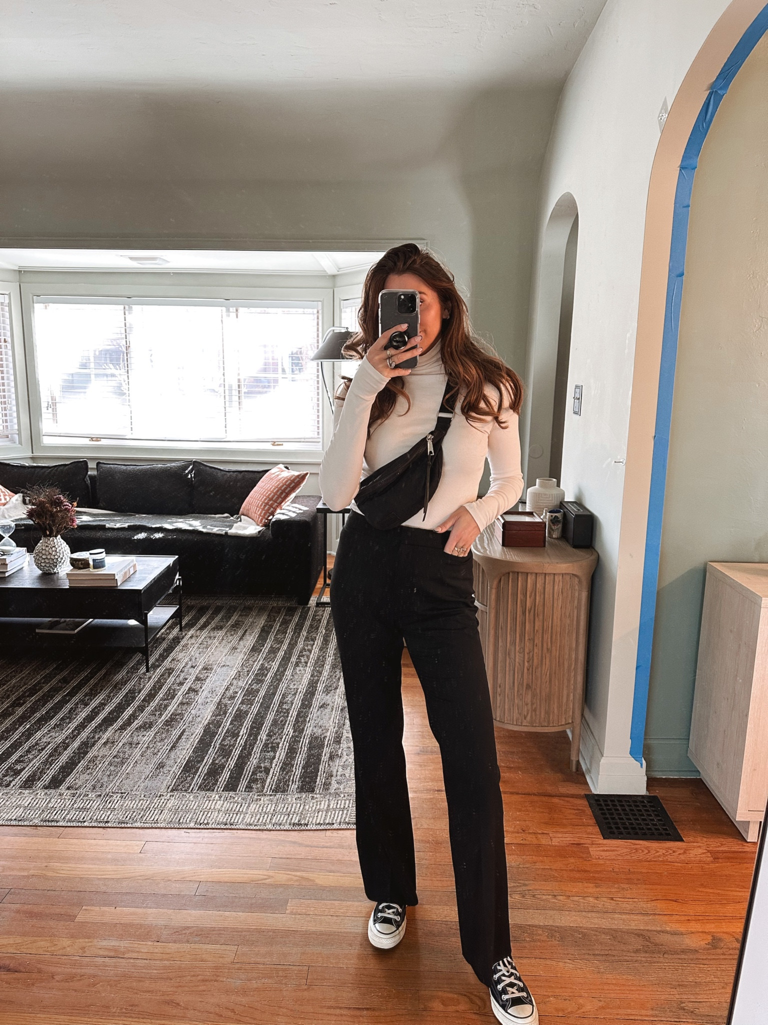 Code CLAIRE20 towards top & pants. Ribbed pima cotton turtleneck; comes in a ton of colors. Wearing a small. Pants come in several colors; washable wool (no need to dry clean) & anti-wrinkle. Easy to dress up or down - great wardrobe staple. Wearing a size 6 (TTS). Size down 1/2 size in sneakers 

#LTKunder100 #LTKworkwear #LTKstyletip