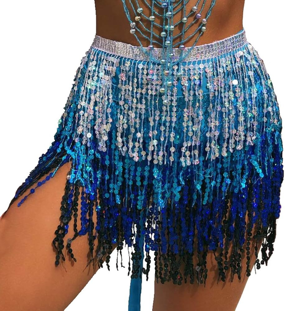 Women's Sequin Tassel Skirts Rave Fringe Hip Scarf for Festival | Amazon (US)