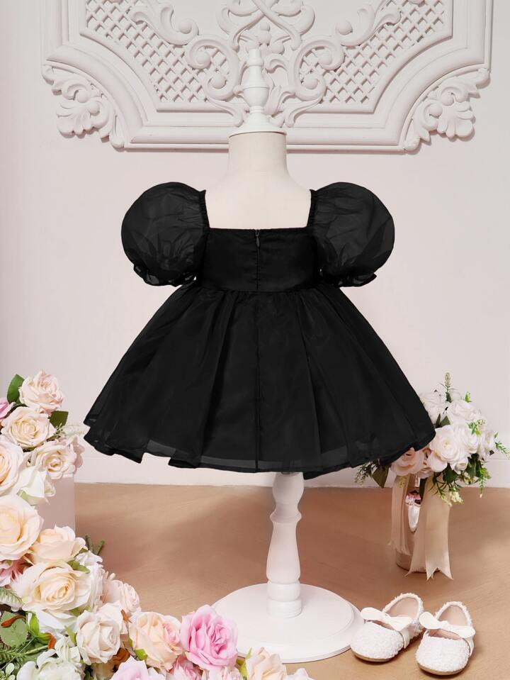 SHEIN Baby Puff Sleeve Mesh Overlay Dress | SHEIN