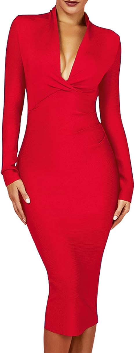 Whoinshop Women 's Draped Deep Plunged Long Sleeve Night Out Club Cocktail Party Dresses with Kne... | Amazon (US)