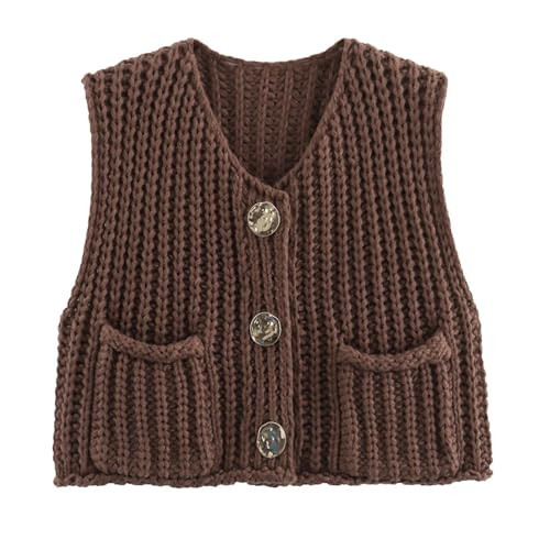 PDLCVD Sleeveless Cropped Sweater Vest Women 2024 Button Up Knit Summer Sweater Vests with Pockets Brown | Amazon (US)