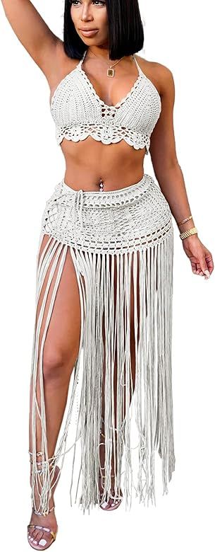 Bluewolfsea Womens Sexy 2 Piece Crochet Outfits Tassel Beach Cover Up Halter Strappy Bikini Top a... | Amazon (US)