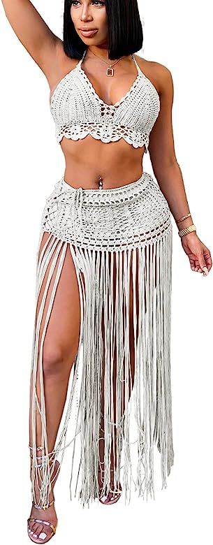 Bluewolfsea Womens Sexy 2 Piece Crochet Outfits Tassel Beach Cover Up Halter Strappy Bikini Top a... | Amazon (US)