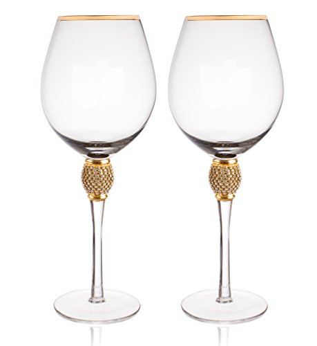 Trinkware Gold Rimmed Wine Glasses Set of 2 - Rhinestone Champagne Flutes "DIAMOND" Studded - Lon... | Amazon (US)