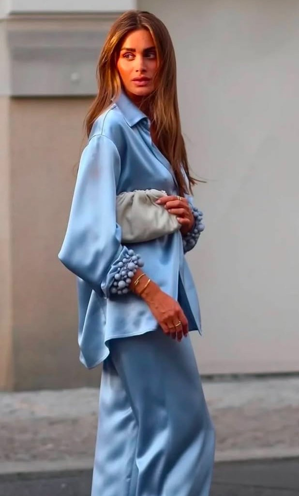 Baby blue silk pants set 
White clutch bag 

#LTKStyleTip #LTKParties #LTKPetite