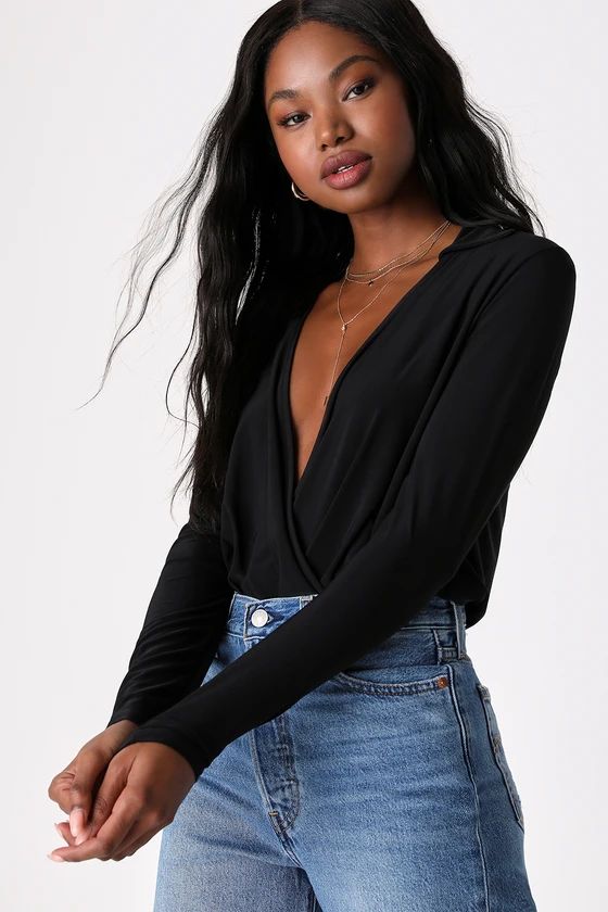 Effortlessly Modern Black Long Sleeve Surplice Bodysuit | Lulus (US)
