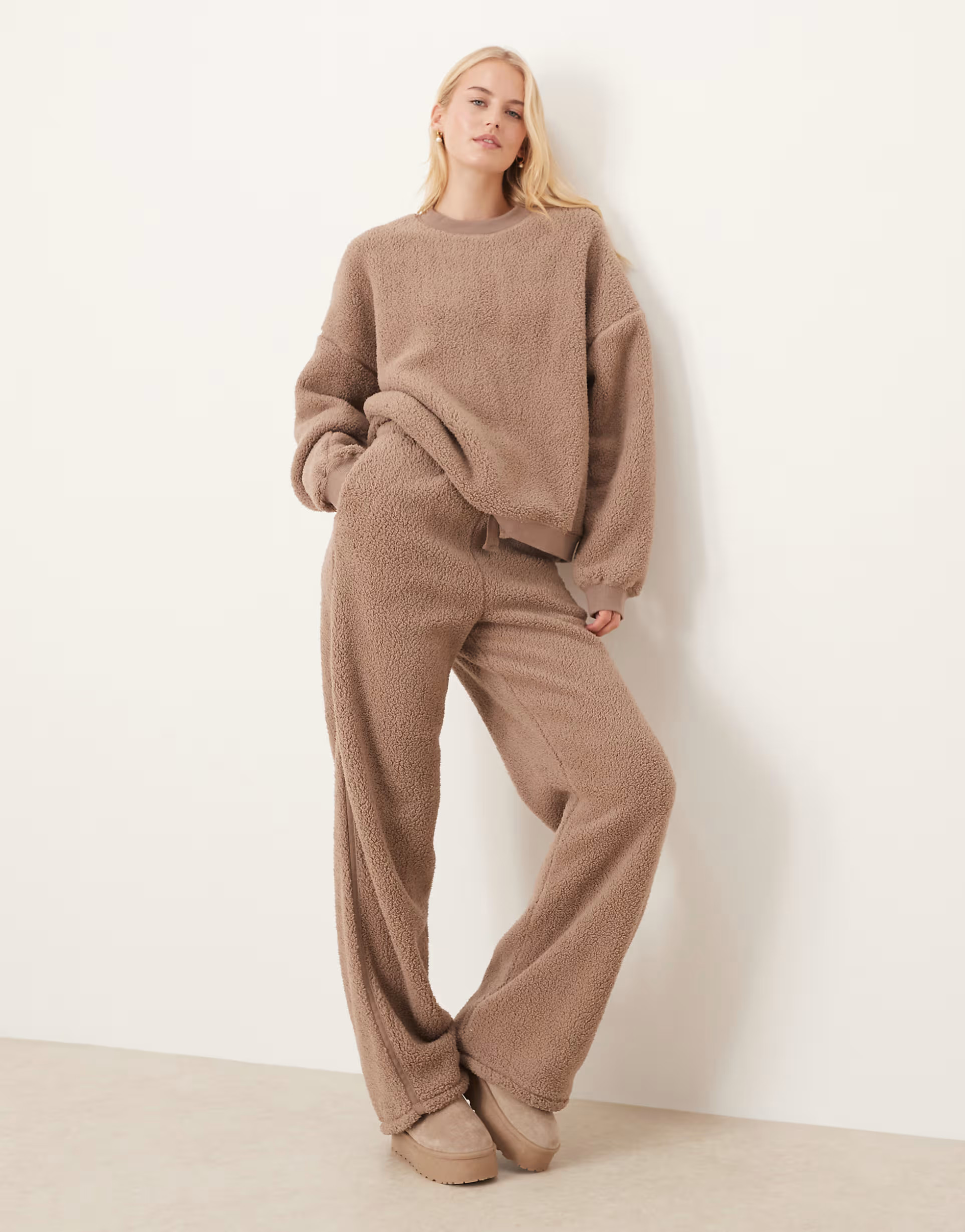 ASOS DESIGN Tall lounge cuddle crew neck sweat & wide leg trouser set in light brown | ASOS (Global)