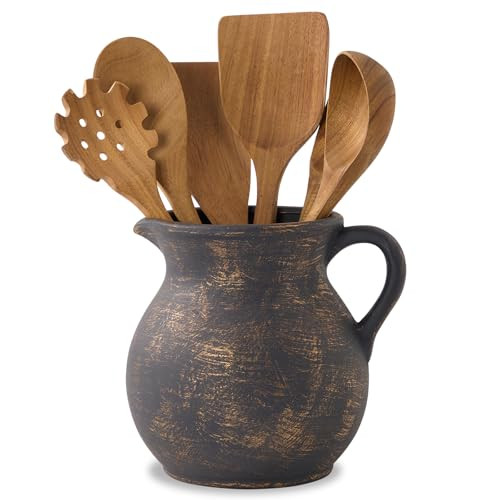 MIYUKI Rustic Kitchen Utensil Holder - 7.6 Inch Ceramic Utensil Crock for Countertop, Vintage Kitchen Counter Decor | Amazon (US)