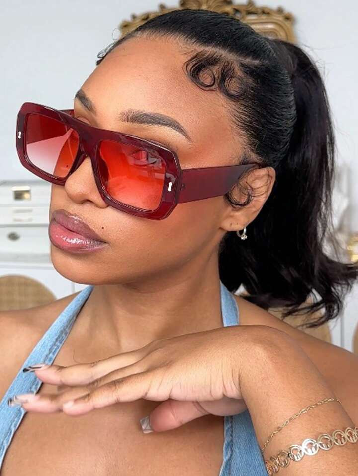 1pc Square Fashion Glasses With Rice Studs, Personalized And Versatile Retro Fashion Women's Glas... | SHEIN