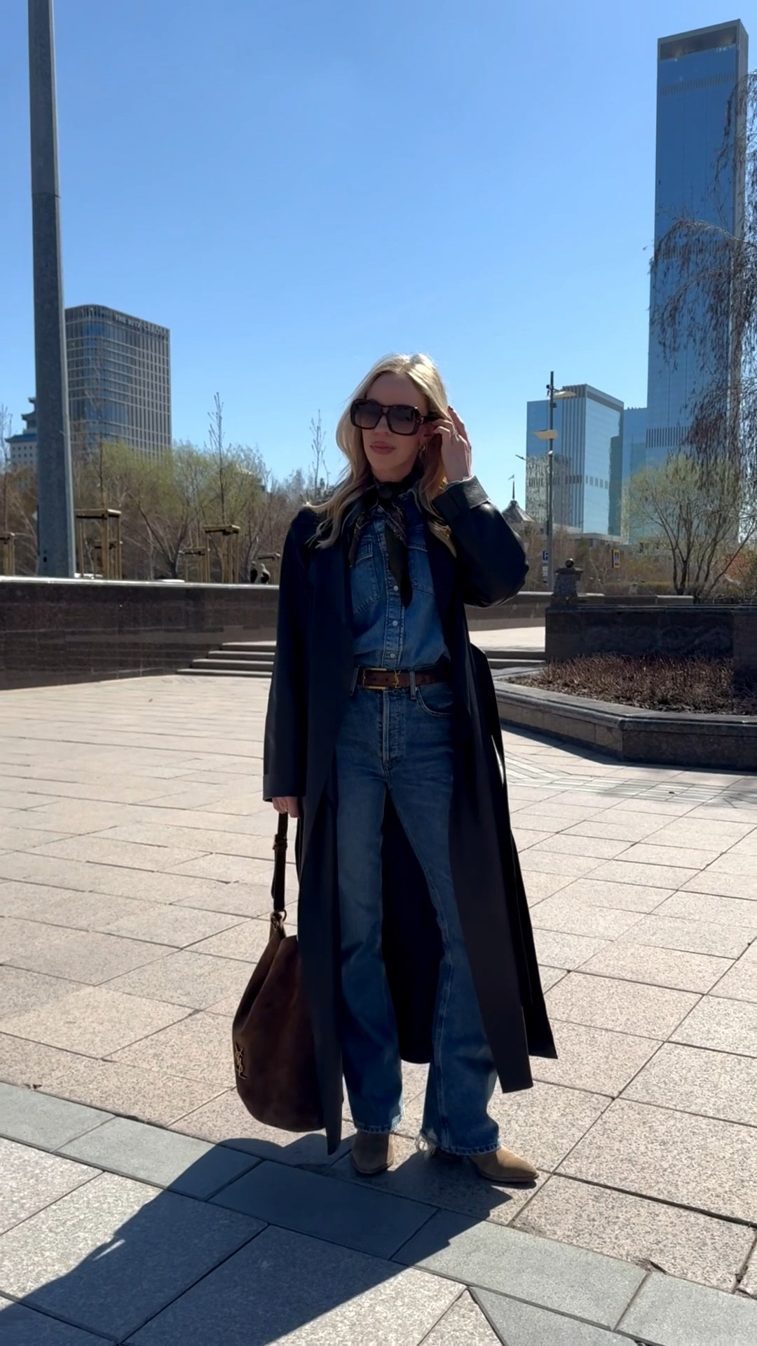 Spring outfit, chocolate brown leather trench coat, denim on denim, all denim outfit, western style, YSL suede bucket bag

#LTKSeasonal #LTKSaleAlert #LTKOver40