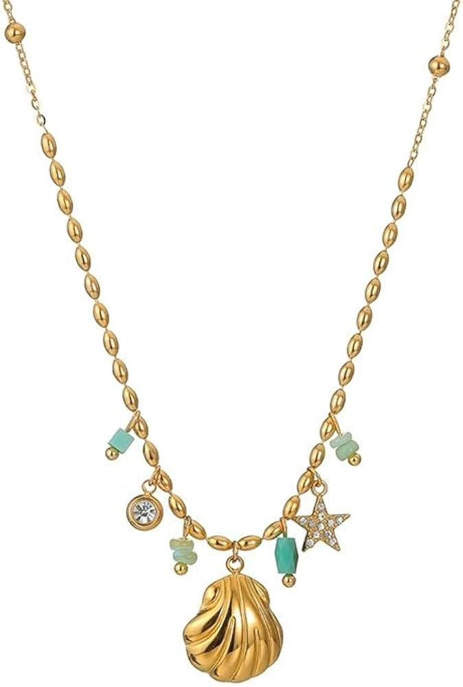 Shell Charm Necklace for Women, 18k Gold Plated Seashell Pendant Bead Chain Necklaces, Dainty Oce... | Amazon (US)
