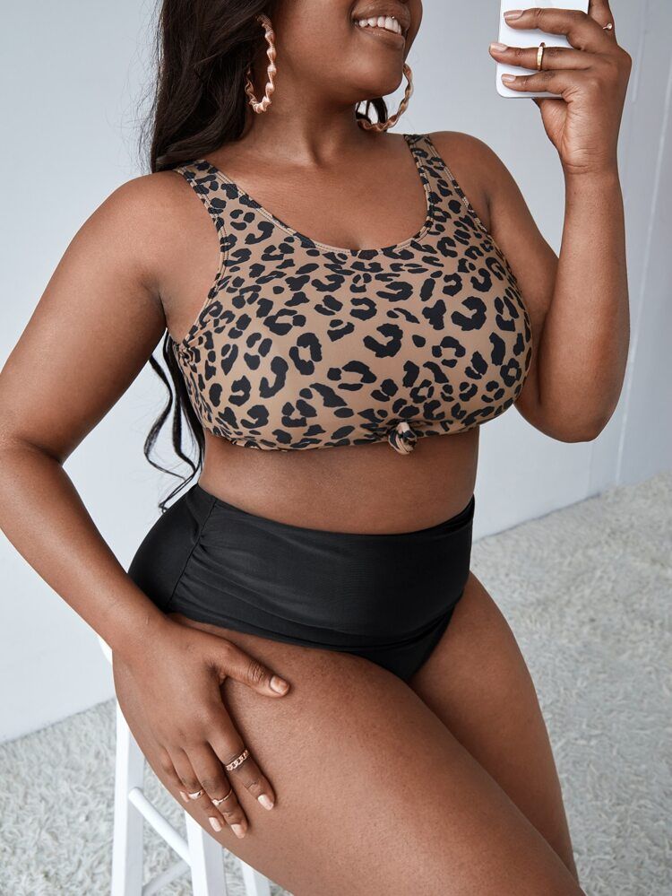 Plus Leopard Print Knot Front Bikini Swimsuit | SHEIN