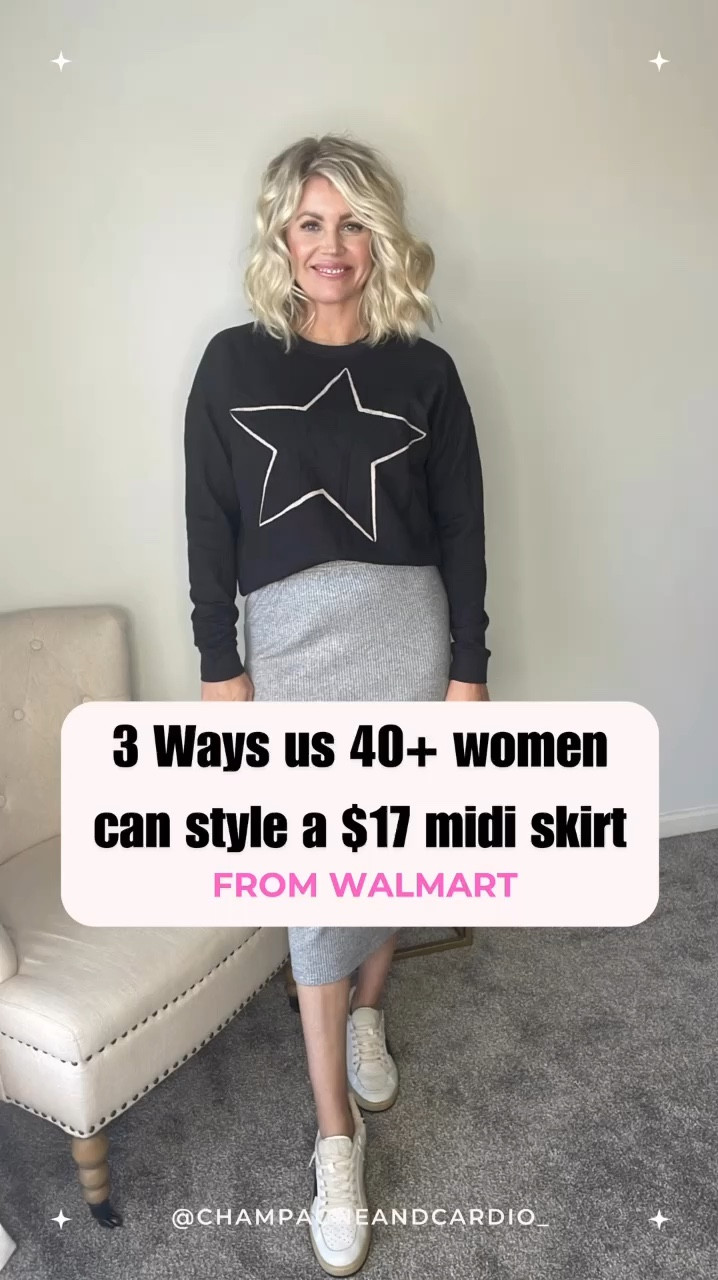 This midi skirt from Walmart is very versatile! You can dress it up with heels & dress it down with sneakers. It can also be worn for every season - not bad for a $17 skirt!! 😍🤩🤯

Sizing for reference:
Skirt - small
Green cardigan - small
Star sweatshirt - small
Black blazer - medium
Belt - small
White tank - medium 

#LTKStyleTip #LTKFindsUnder50 #LTKOver40
