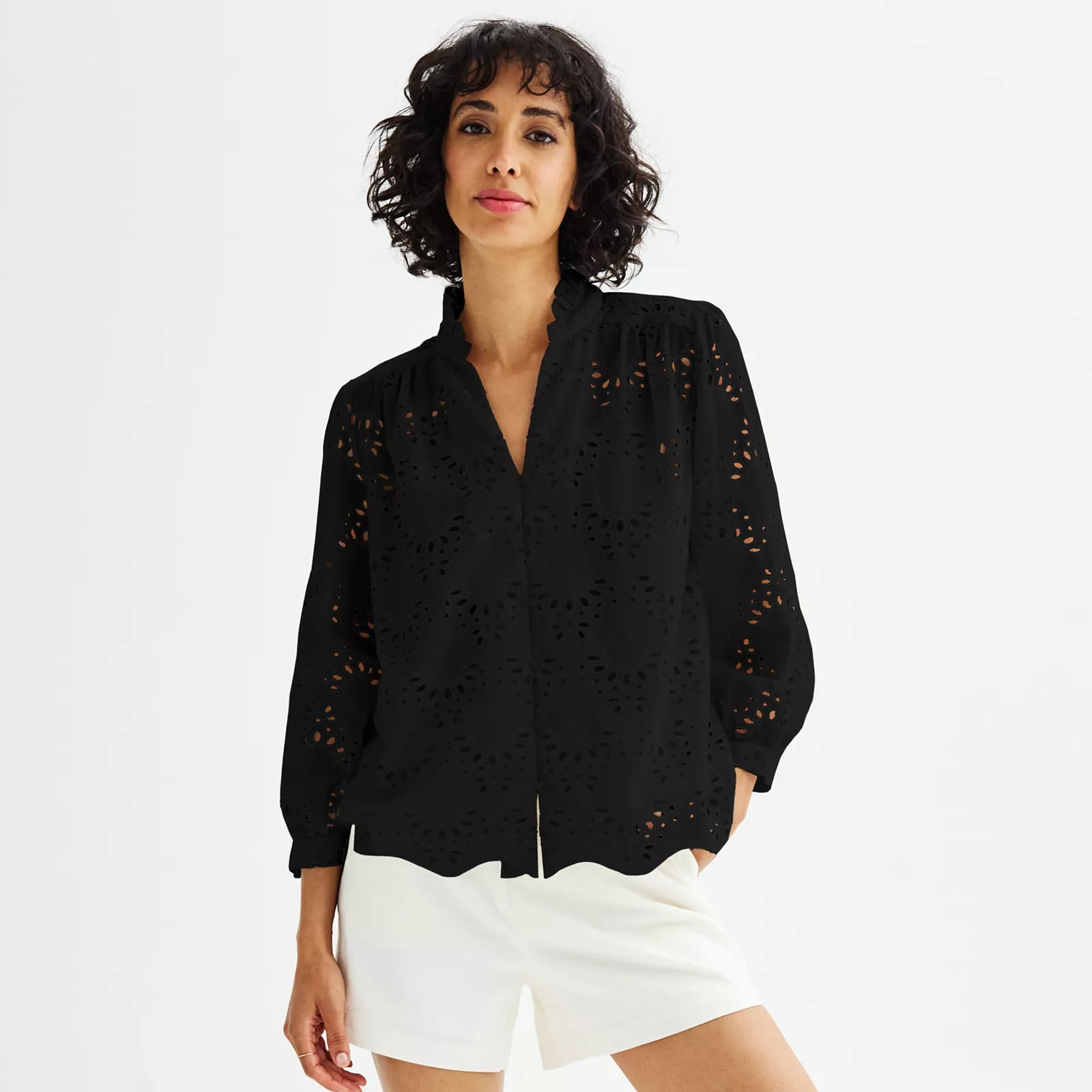 Women's Catherine Malandrino Ruffle Collar V-Neck Eyelet Woven Top | Kohl's