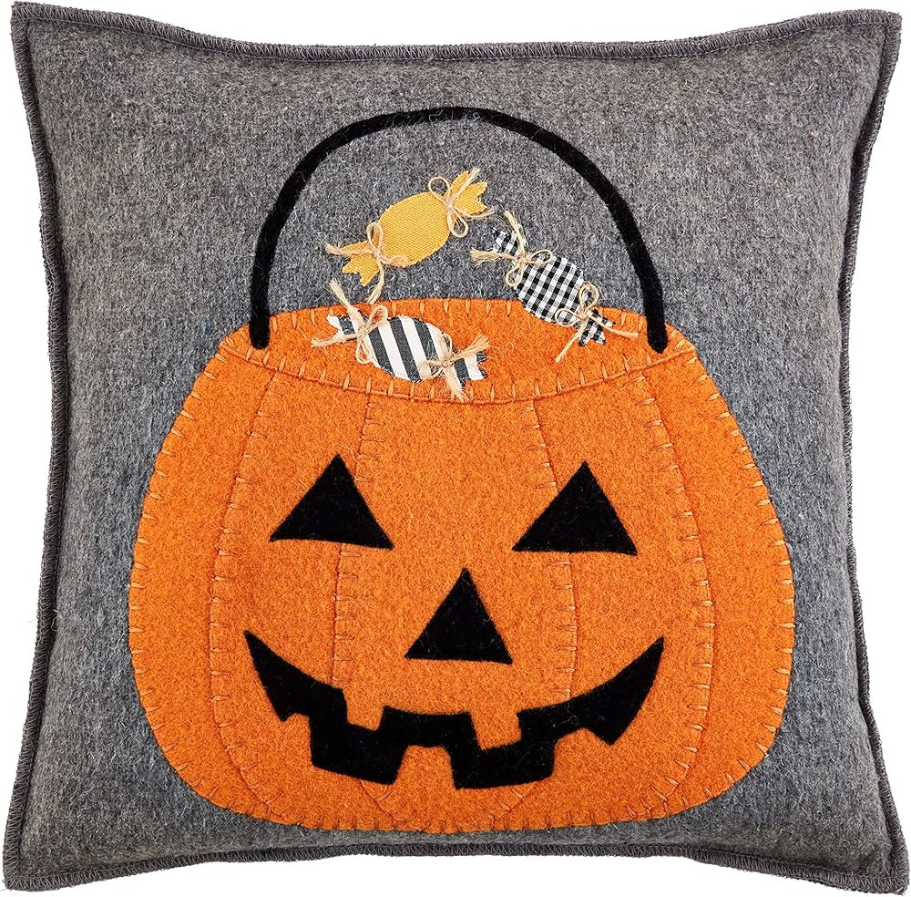 Mud Pie Felt Halloween Pillow, 14" x 14", Pumpkin | Amazon (US)
