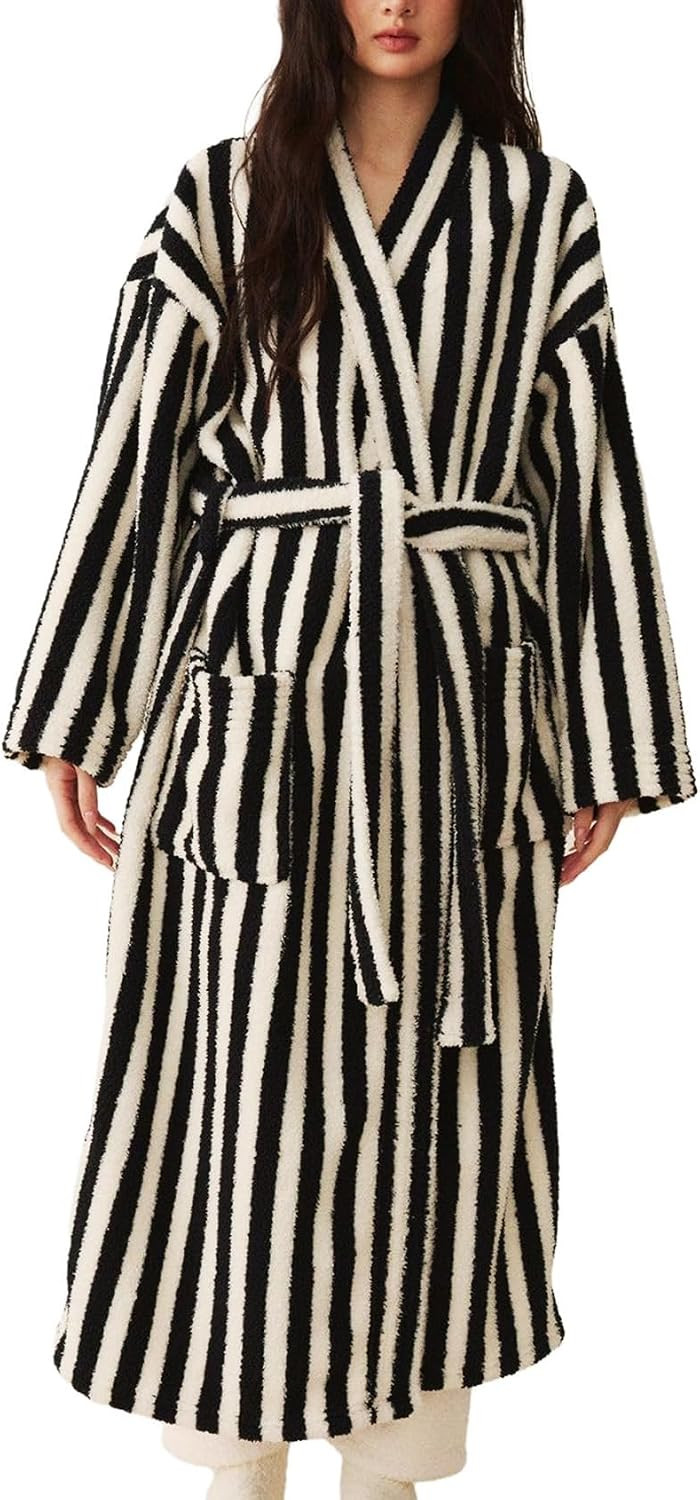 Womens Striped Fluffy Robe Long Plush Fuzzy Warm Bathrobes | Amazon (US)