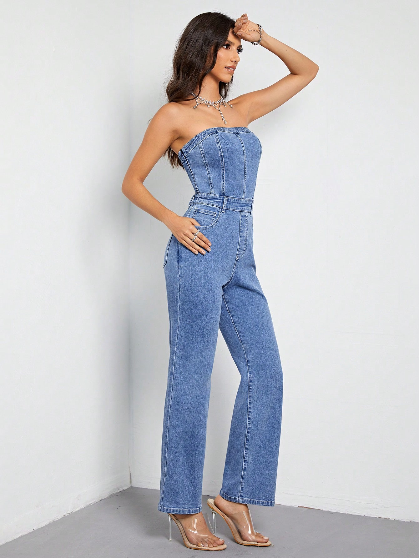 SHEIN Privé Solid Tube Denim Jumpsuit | SHEIN