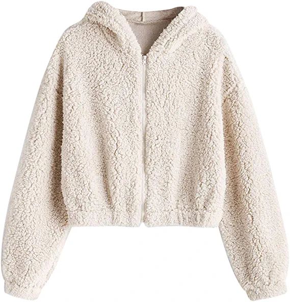 ZAFUL Women's Zip Up Faux Shearling Fluffy Oversized Hooded Teddy Jacket Coat (0-Milk White, M) a... | Amazon (US)