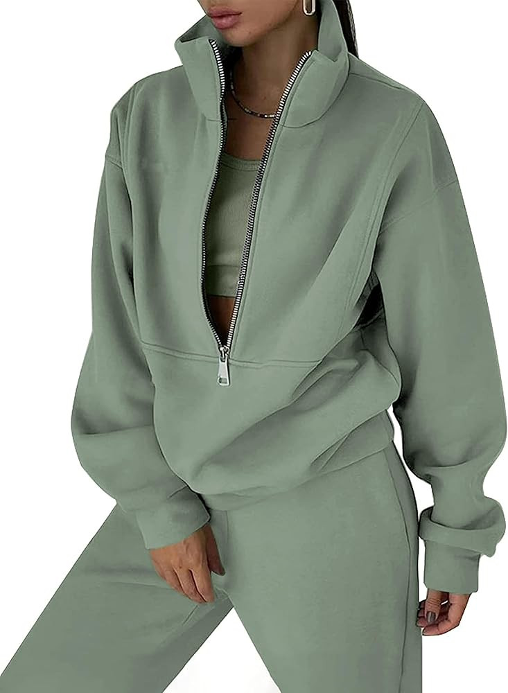 Qiaomai Womens Casual Fleece 2 Piece Outfits Sweatsuit Half Zip Sweatshirt Joggers Tracksuit Set | Amazon (US)