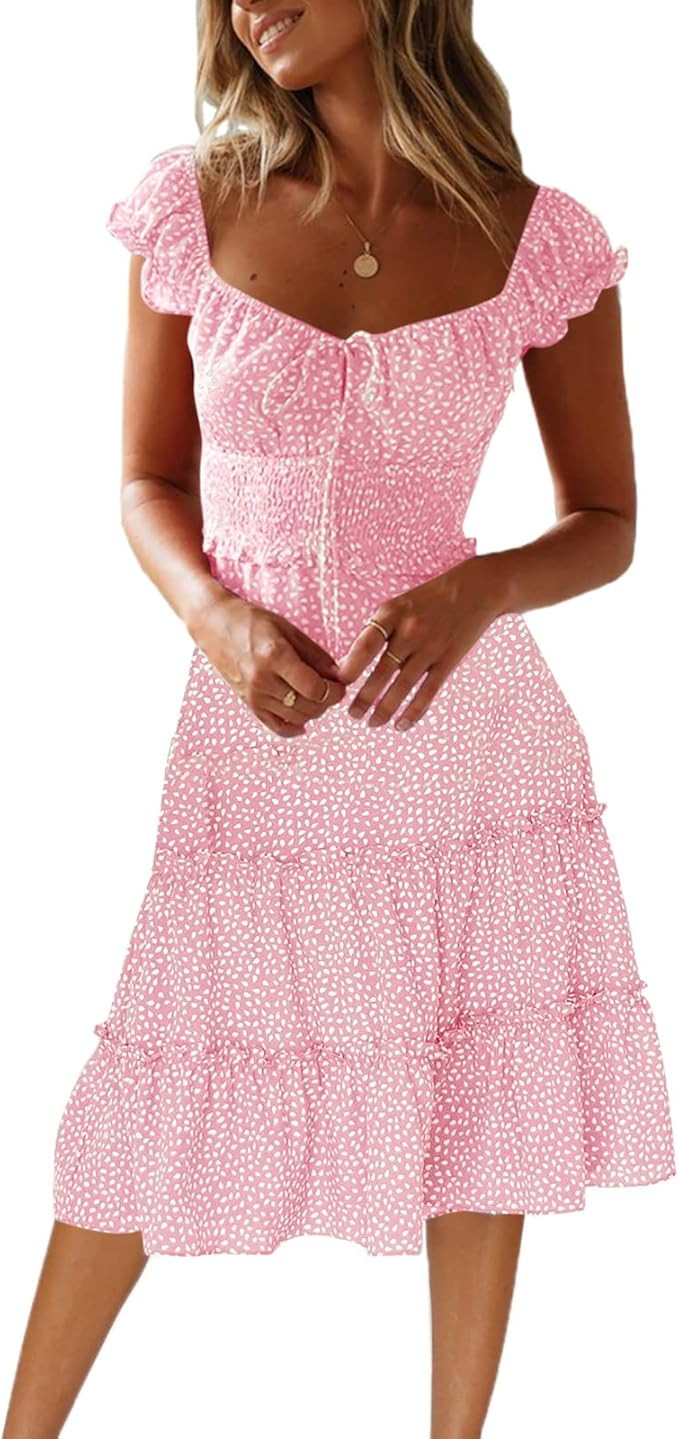 Womens Summer Dress V Neck Boho Floral Smocked Dress Ruffle Flowy Puffy Sleeve Sexy Mini Dresses | Amazon (US)