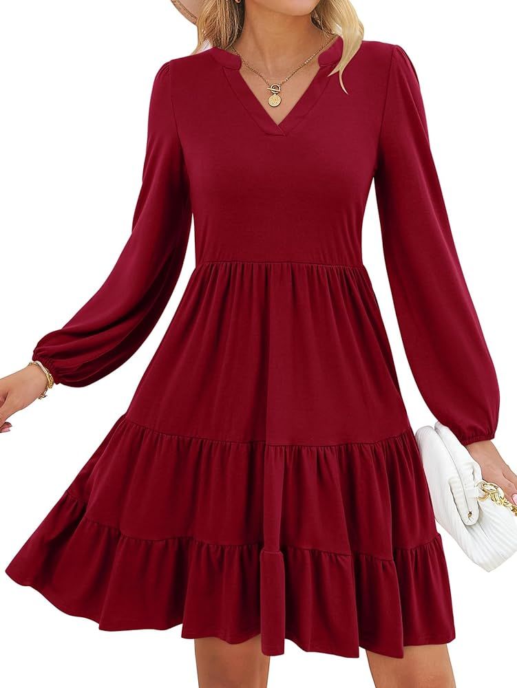 BIUBIU Women's 2023 Casual Fall Dress Long Sleeve V Neck A Line Flowy Tiered Cute Babydoll Dresse... | Amazon (US)